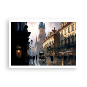 Póster - Escena callejera nocturna con arquitectura histórica - 100x70cm - La magia de una noche de Praga - Decoración de pared moderna para salón y dormitorio ARTTOR