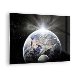Cuadro sobre vidrio - Impresiones sobre Vidrio - La Tierra y la Luna en un paisaje espacial - 70x50cm - En todo su esplendor - Decoración de pared moderna para salón y dormitorio ARTTOR