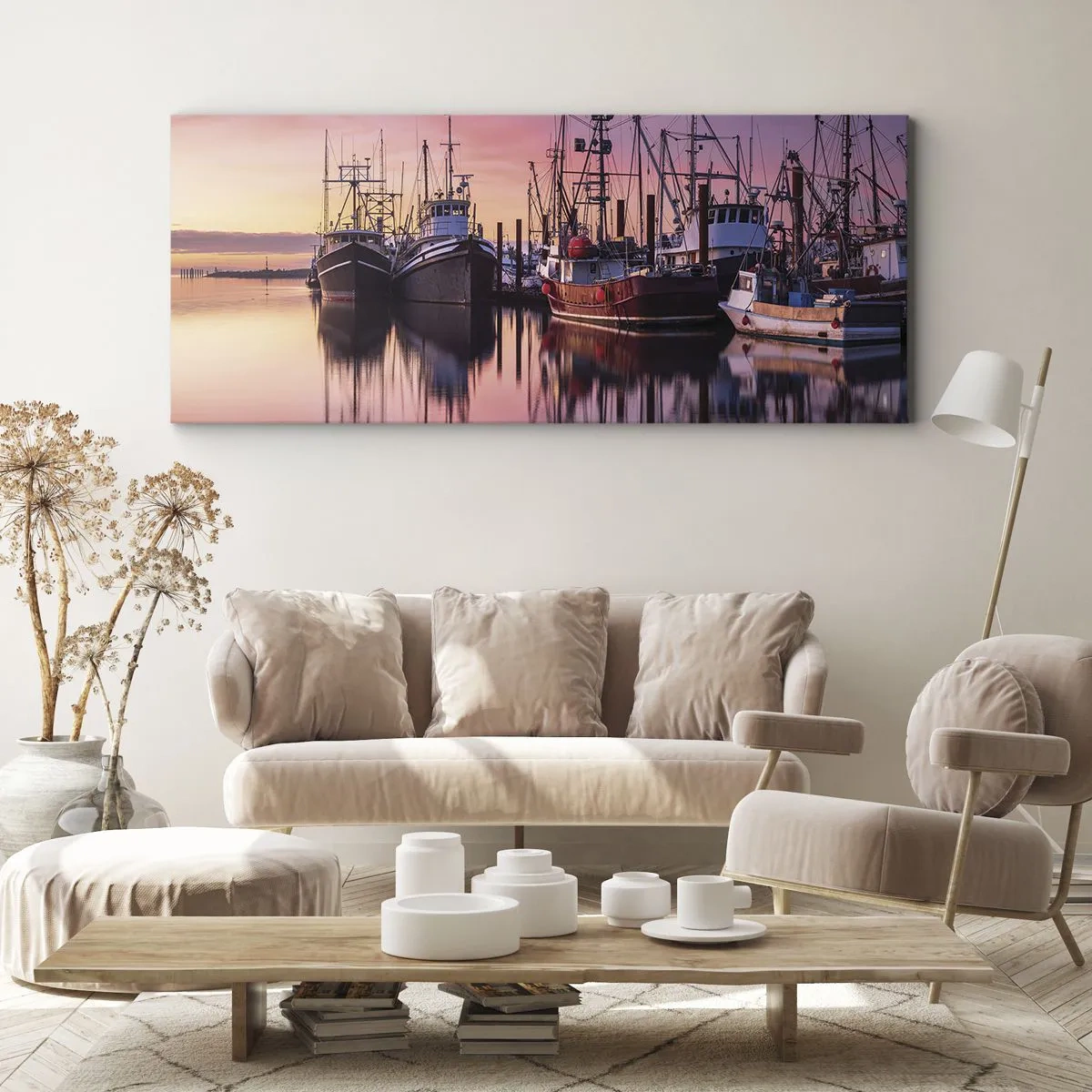 Cuadro sobre lienzo - Impresión de Imagen - Barcos de pesca en el puerto al atardecer - 140x50cm - Descanso antes de partir - Decoración de pared moderna para salón y dormitorio ARTTOR