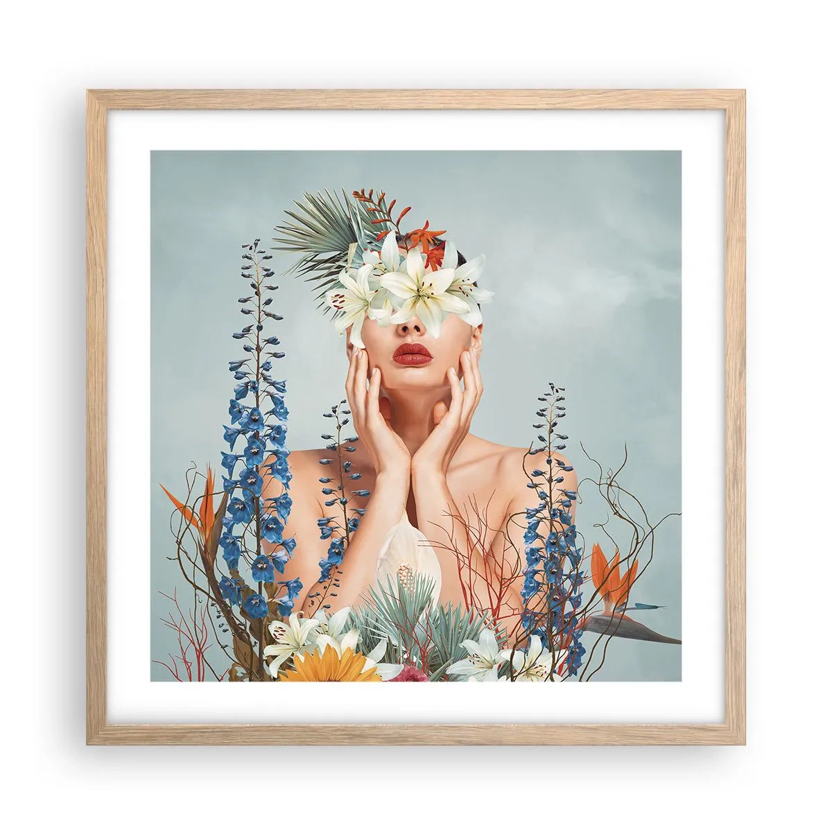 Póster en marco roble claro - Mujer-flor - 50x50 cm