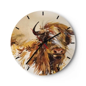 Reloj de pared - Reloj de vidrio - Una ilustración pintada de un toro escocés con pelaje suelto. - 30x30cm - El orgullo del líder - Decoración de pared moderna para salón, cocina y dormitorio ARTTOR