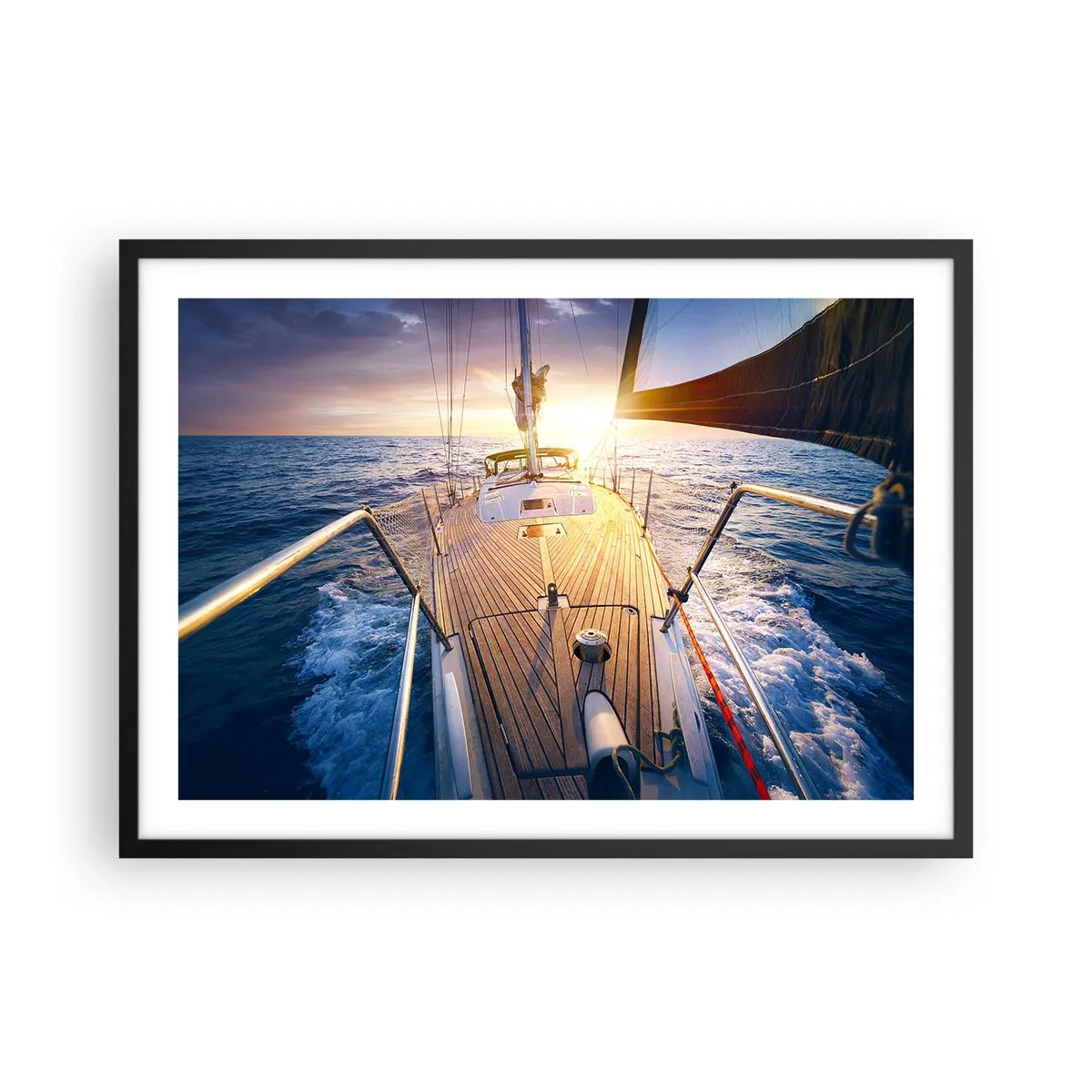 Póster en marco negro - Yate en el mar durante la puesta de sol - 70x50cm - Corriendo sobre las olas - Decoración de pared moderna para salón y dormitorio ARTTOR