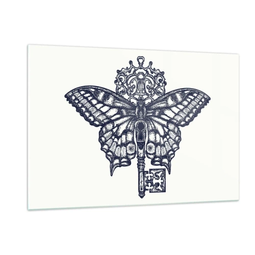 Cuadro sobre vidrio - Impresiones sobre Vidrio - Ilustración de una mariposa con una llave en el centro. - 120x80cm - Todos los secretos del corazón - Decoración de pared moderna para salón y dormitorio ARTTOR