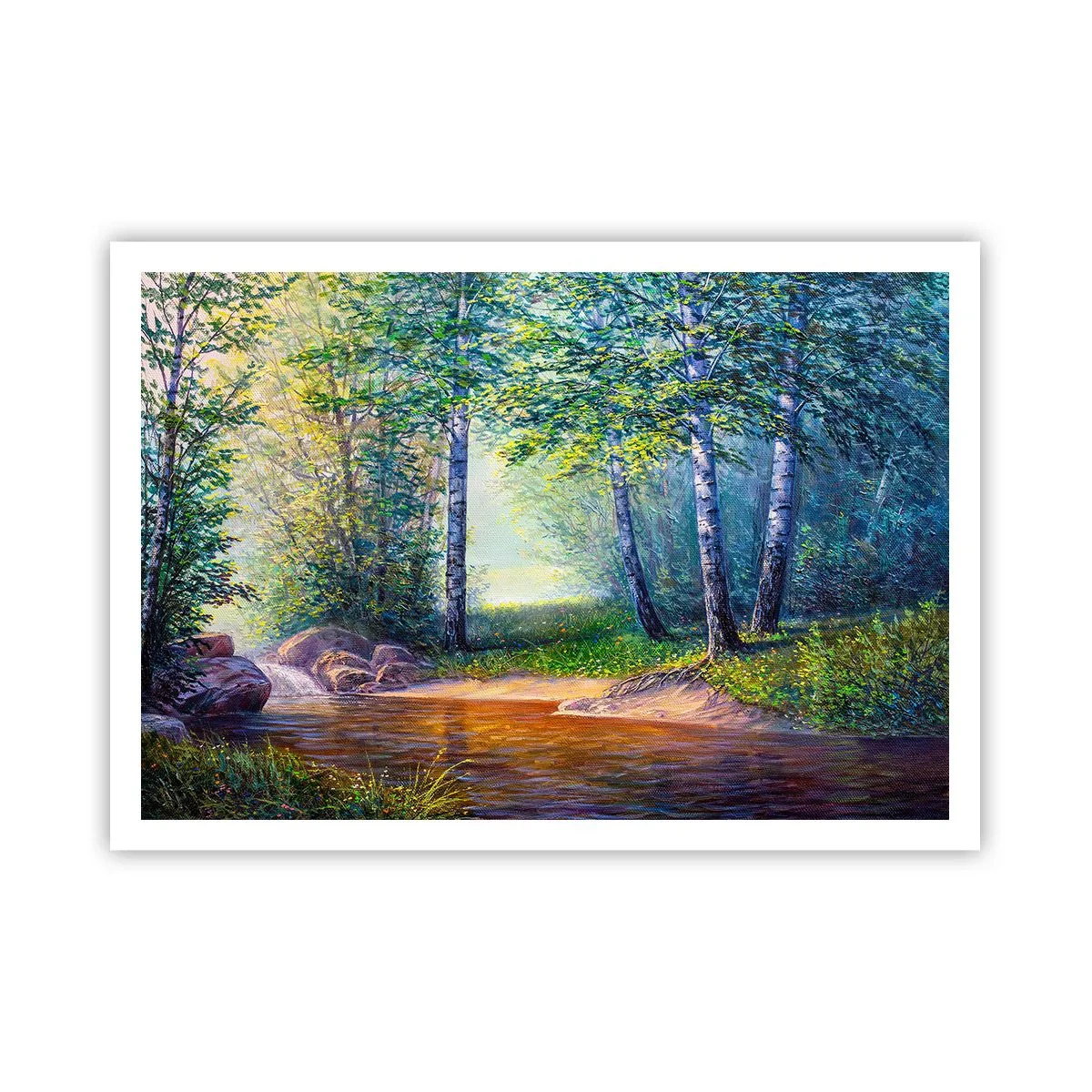 Póster - Un arroyo forestal rodeado de abedules y sol. - 100x70cm - Paisaje idílico - Decoración de pared moderna para salón y dormitorio ARTTOR