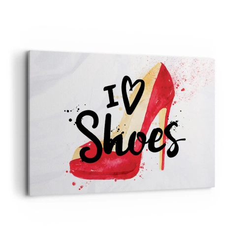 Cuadro sobre lienzo - Impresión de Imagen - Stiletto rojo con la inscripción I love Shoes sobre fondo blanco - 120x80cm - El amor tiene más de un nombre - Decoración de pared moderna para salón y dormitorio ARTTOR