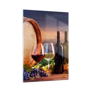 Cuadro sobre vidrio - Impresiones sobre Vidrio - Vides, un barril y copas con el sol poniente como telón de fondo - 50x70cm - Aquí la vida tiene un sabor - Decoración de pared moderna para salón y dormitorio ARTTOR