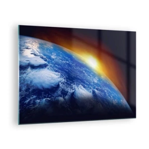 Cuadro sobre vidrio - Impresiones sobre Vidrio - La Tierra en el espacio iluminada por los rayos del sol. - 70x50cm - Amanecer en un planeta azul - Decoración de pared moderna para salón y dormitorio ARTTOR