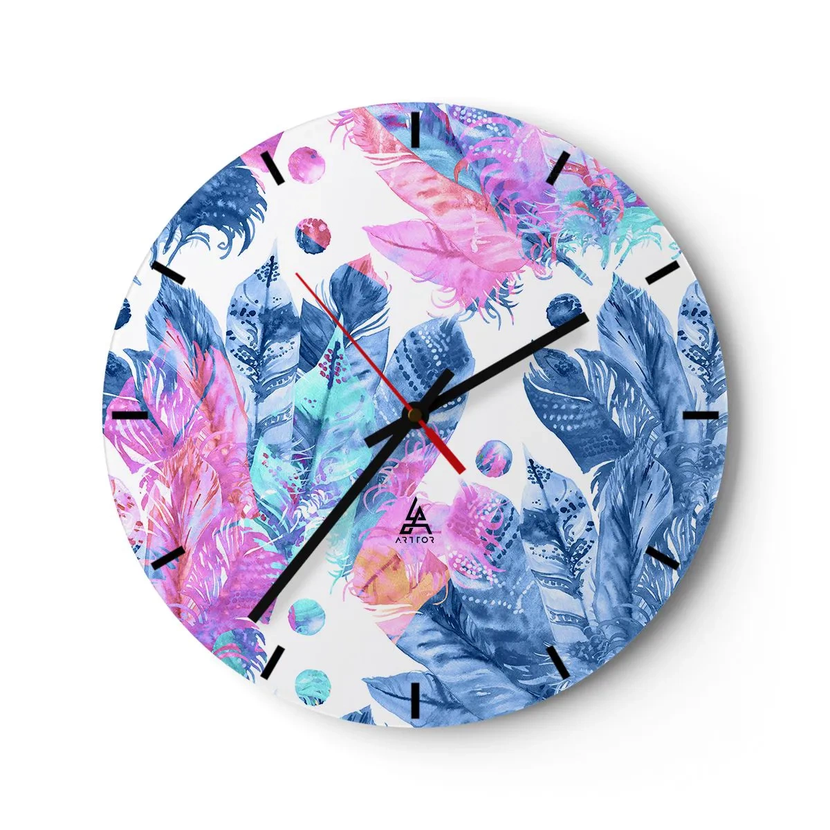 Reloj de pared - Reloj de vidrio - Plumas de color rosa y azul - 40x40 cm