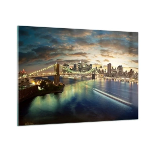 Cuadro sobre vidrio - Impresiones sobre Vidrio - Vista del puente y la ciudad al atardecer - 100x70cm - Un atardecer iluminado sobre Manhattan - Decoración de pared moderna para salón y dormitorio ARTTOR