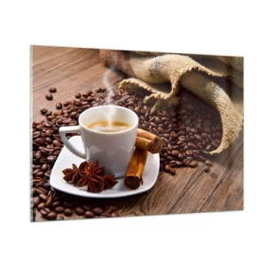 Cuadro sobre vidrio - Impresiones sobre Vidrio - Una taza de café con canela y granos de café sobre una mesa de madera. - 100x70cm - Sabor y aroma picante - Decoración de pared moderna para salón y dormitorio ARTTOR