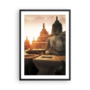 Póster en marco negro - Estatua de Buda con templos al fondo al atardecer - 50x70cm - Tiempo de gran sabiduría - Decoración de pared moderna para salón y dormitorio ARTTOR