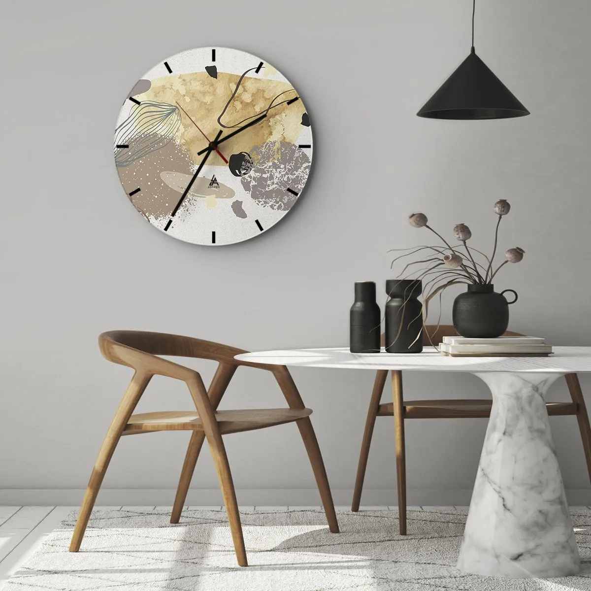 Reloj de pared - Reloj de vidrio - Abstracción artística en tonos beige y marrones. - 30x30cm - Plumología aplicada - Decoración de pared moderna para salón, cocina y dormitorio ARTTOR