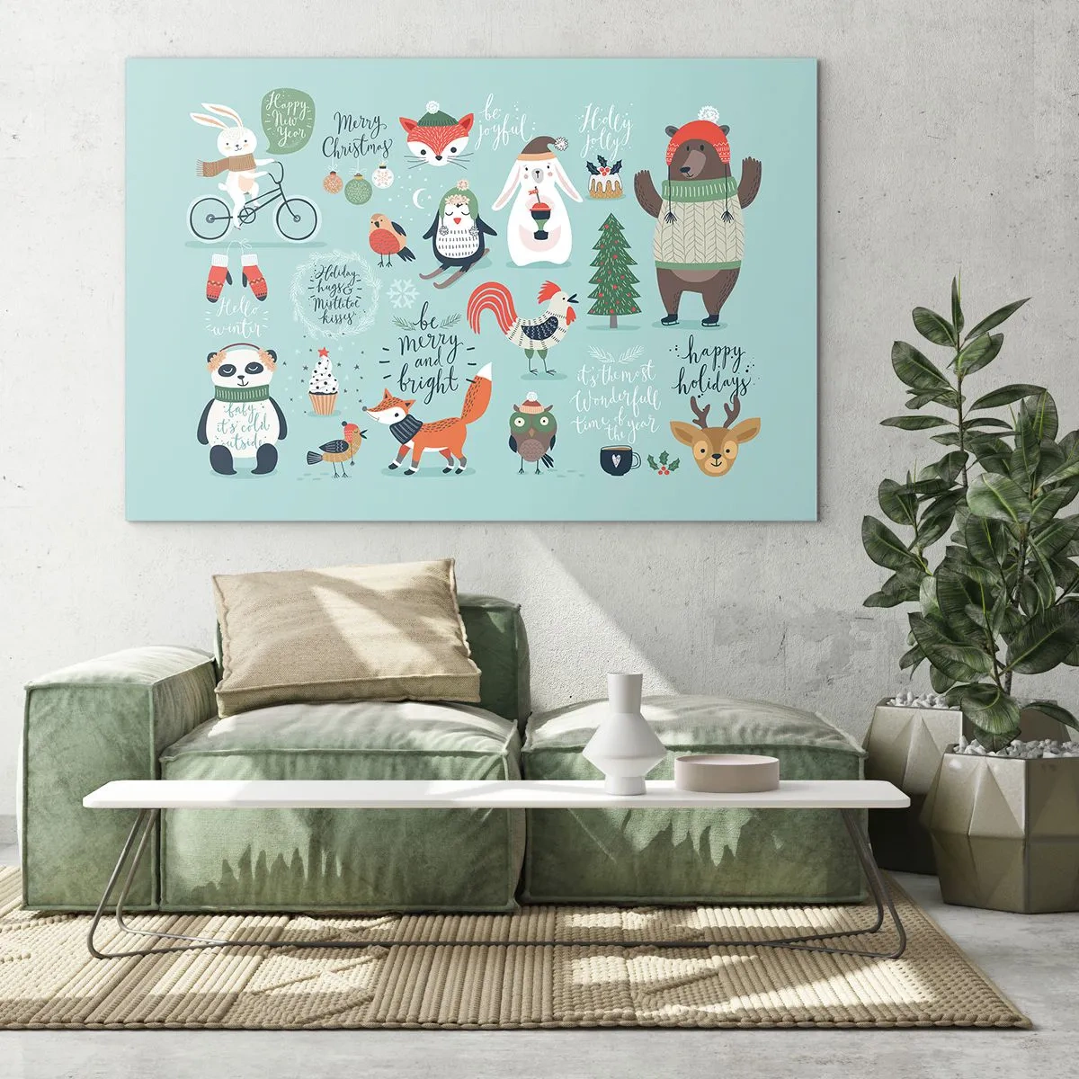 Cuadro sobre vidrio - Impresiones sobre Vidrio - Ilustraciones de animales navideños sobre un fondo pastel - 100x70cm - ¡Que siempre sea Navidad! - Decoración de pared moderna para salón y dormitorio ARTTOR