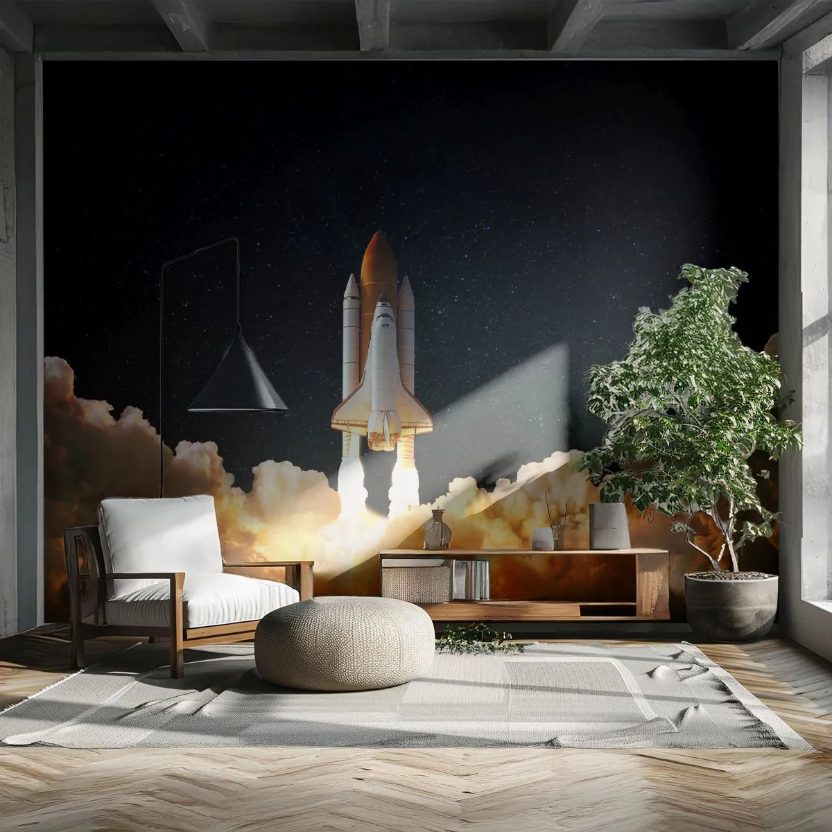 Fotomural Standard Eco - Lanzamiento del transbordador espacial contra un fondo estrellado - 100x70cm - ¡Ad astra! - Decoración de pared moderna para salón y dormitorio ARTTOR