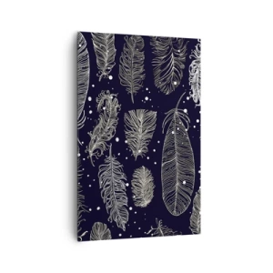 Cuadro sobre lienzo - Impresión de Imagen - Delicadas plumas blancas sobre un fondo azul marino. - 80x120cm - Encaje de plumas - Decoración de pared moderna para salón y dormitorio ARTTOR