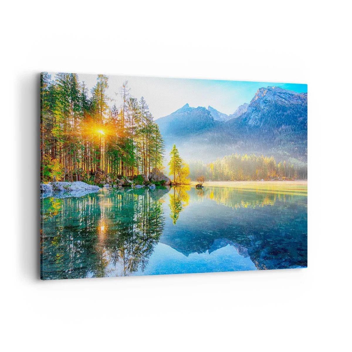 Cuadro sobre lienzo - Impresión de Imagen - Un lago rodeado de montañas y bosques bajo los rayos del sol. - 100x70cm - Majestuosidad y dulzura - Decoración de pared moderna para salón y dormitorio ARTTOR