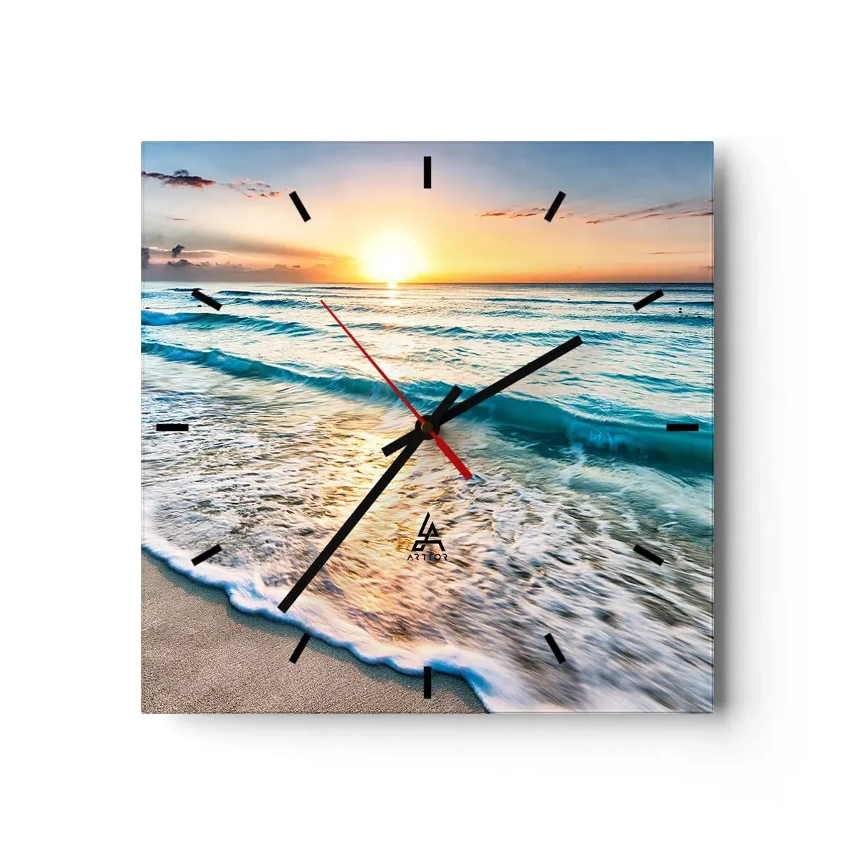 Reloj de pared - Reloj de vidrio - Amanecer sobre una playa tranquila con olas. - 30x30cm - Un espectáculo digno de ver - Decoración de pared moderna para salón y dormitorio ARTTOR