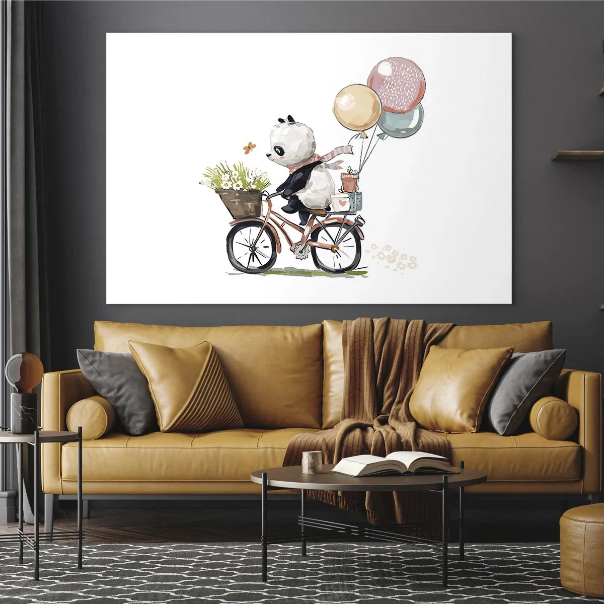 Cuadro sobre vidrio - Impresiones sobre Vidrio - Un panda montando en bicicleta con globos y una canasta de flores. - 70x50cm - Un día feliz - Decoración de pared moderna para salón y dormitorio ARTTOR