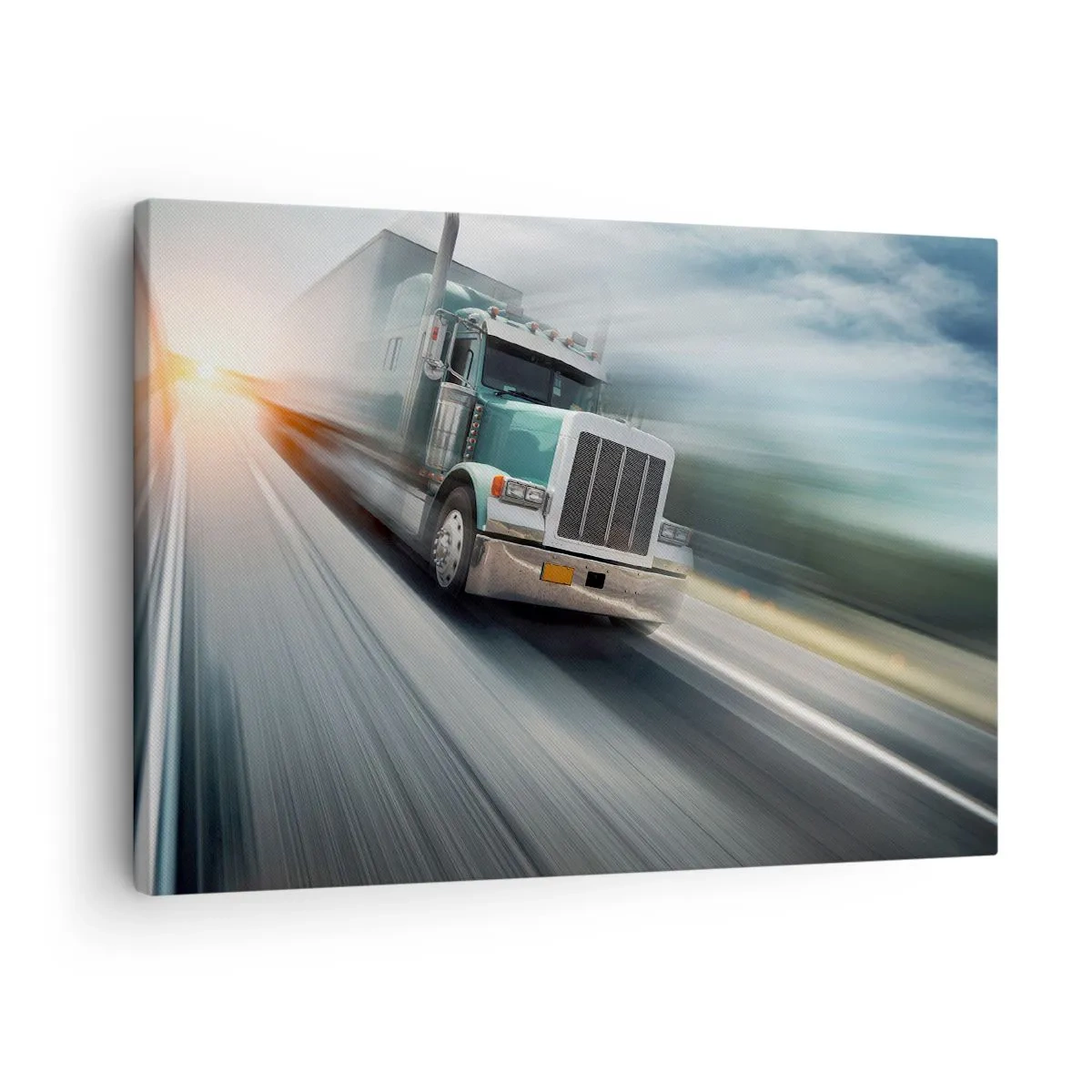 Cuadro sobre lienzo - Impresión de Imagen - Un camión en la carretera en movimiento al atardecer. - 70x50cm - Un gigante norteamericano en apuros - Decoración de pared moderna para salón y dormitorio ARTTOR