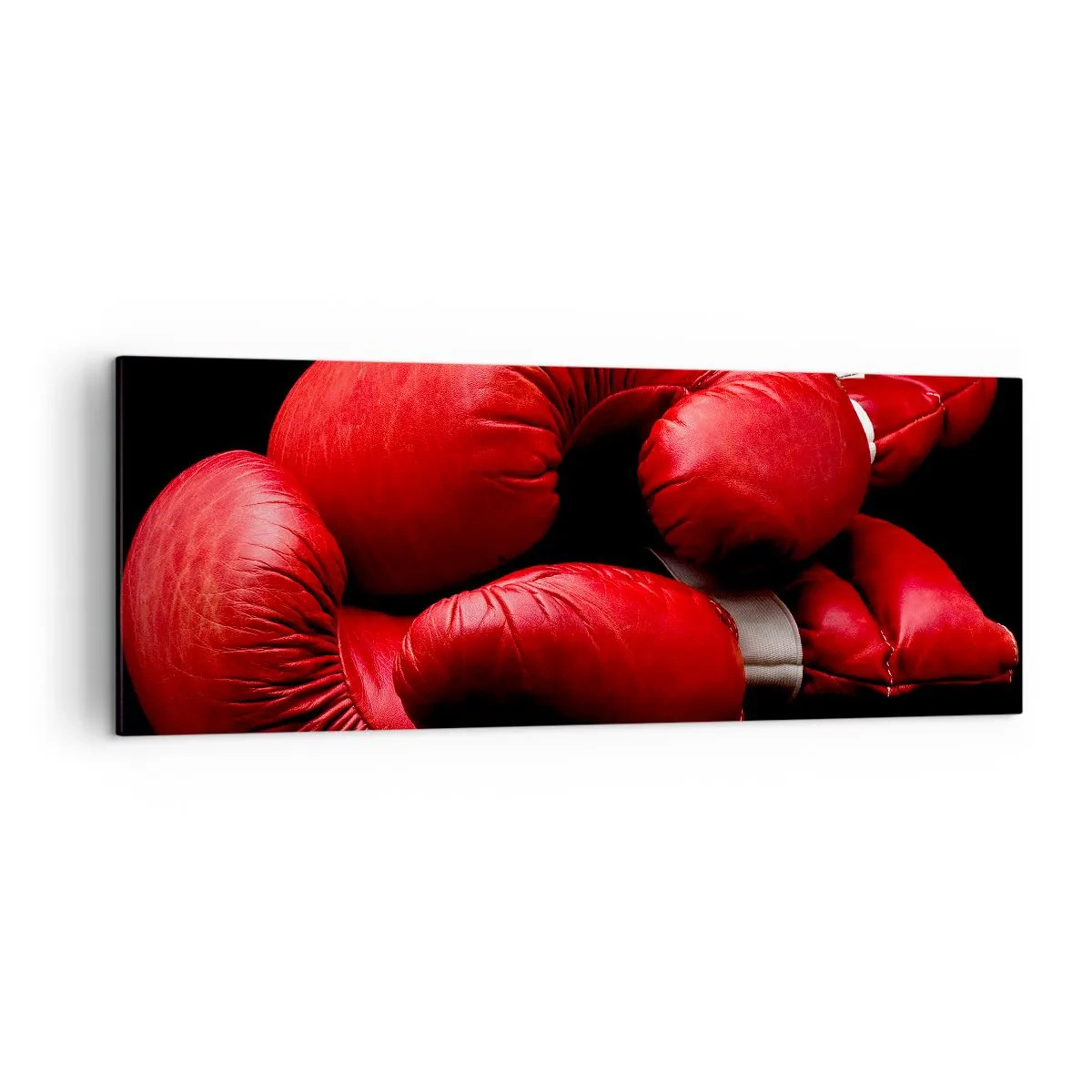 Cuadro sobre lienzo - Impresión de Imagen - Guantes de boxeo rojos sobre fondo negro - 140x50cm - La emoción del combate quedó atrás - Decoración de pared moderna para salón y dormitorio ARTTOR