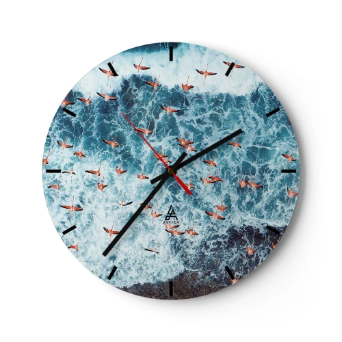 Reloj de pared - Reloj de vidrio - Una bandada de flamencos sobre las olas del mar vista a vista de pájaro - 30x30cm - Un desfile marítimo - Decoración de pared moderna para salón, cocina y dormitorio ARTTOR