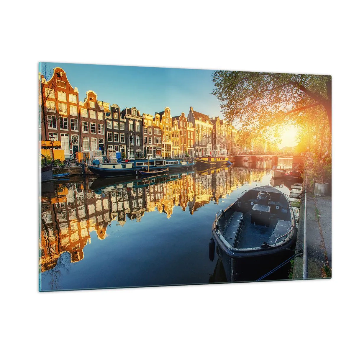 Cuadro sobre vidrio - Impresiones sobre Vidrio - Canal de Ámsterdam al atardecer - 120x80cm - Mañana en Ámsterdam - Decoración de pared moderna para salón y dormitorio ARTTOR