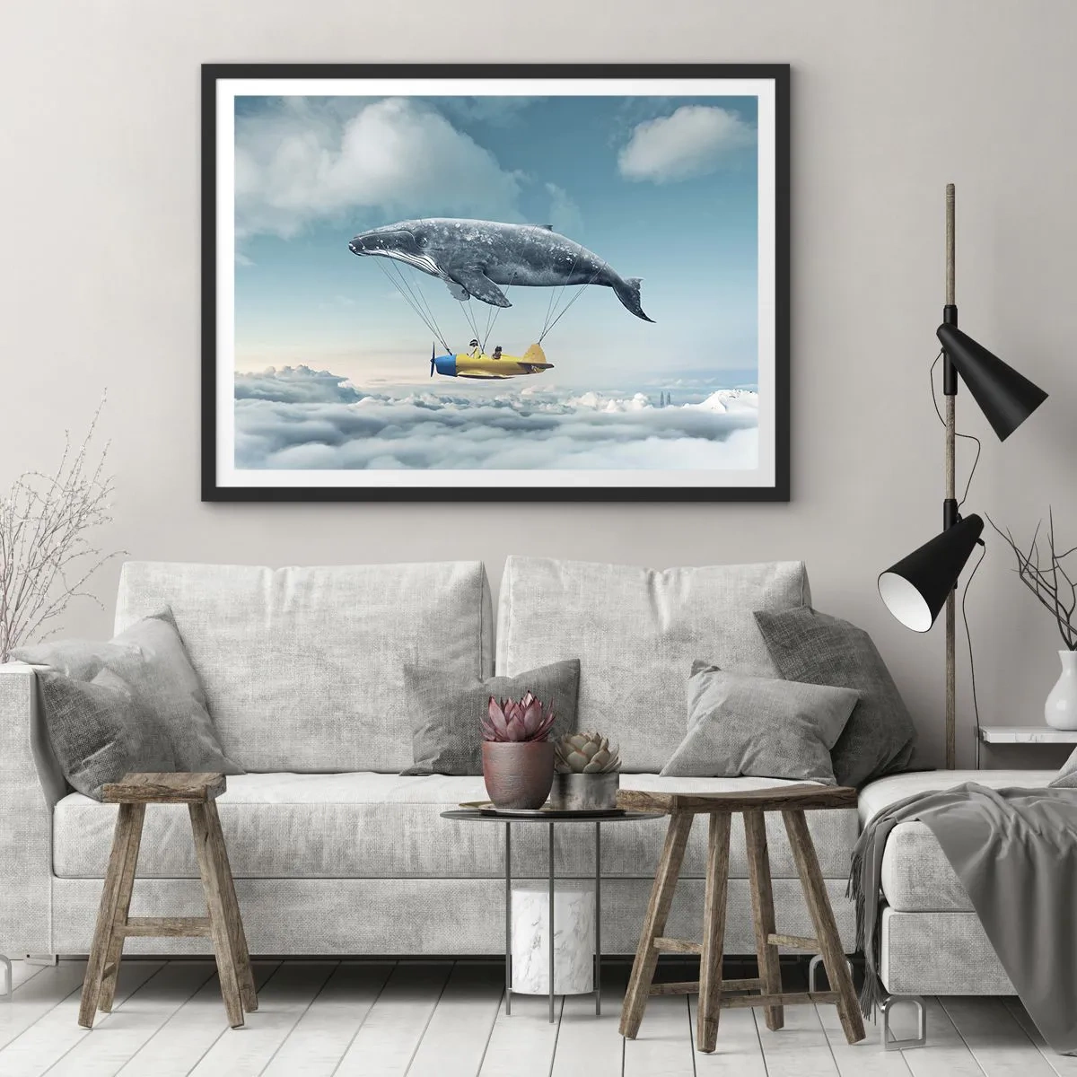 Póster en marco negro - Una ballena voladora transporta un avión en un entorno surrealista. - 100x70cm - ¿Por qué no? - Decoración de pared moderna para salón y dormitorio ARTTOR