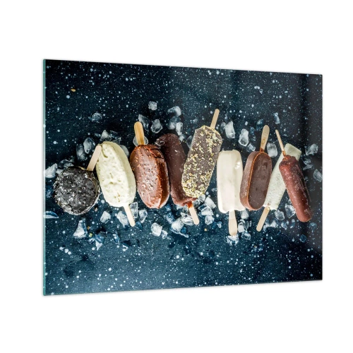 Cuadro sobre vidrio - Impresiones sobre Vidrio - Paletas de varios sabores dispuestas sobre cubitos de hielo. - 70x50cm - El sabor del verano caluroso - Decoración de pared moderna para salón y dormitorio ARTTOR