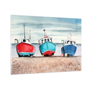 Cuadro sobre vidrio - Impresiones sobre Vidrio - Tres coloridos barcos de pesca en la orilla del mar - 70x50cm - Listos para la pesca - Decoración de pared moderna para salón y dormitorio ARTTOR