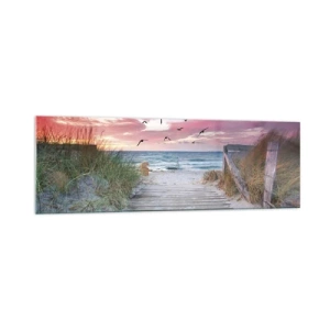 Cuadro sobre vidrio - Impresiones sobre Vidrio - Camino de madera en la playa al atardecer rosa - 160x50cm - Impresión del Báltico - Decoración de pared moderna para salón y dormitorio ARTTOR