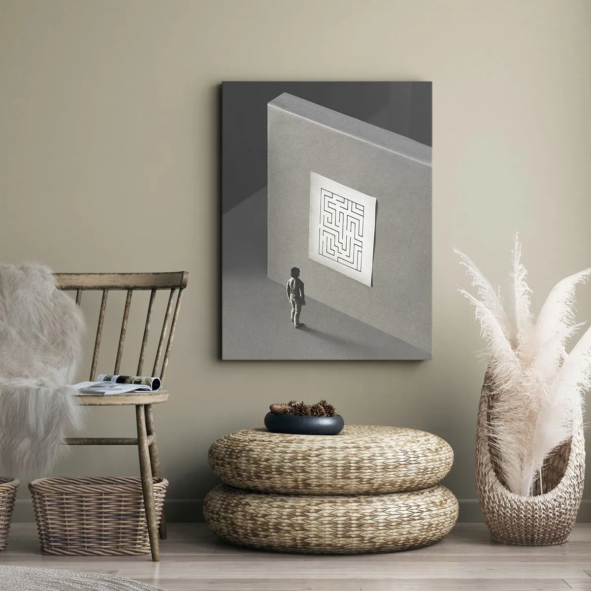 Cuadro sobre lienzo - Impresión de Imagen - Una figura en un laberinto mirando un mapa colgado. - 70x100cm - ¿Pero dónde estoy? - Decoración de pared moderna para salón y dormitorio ARTTOR