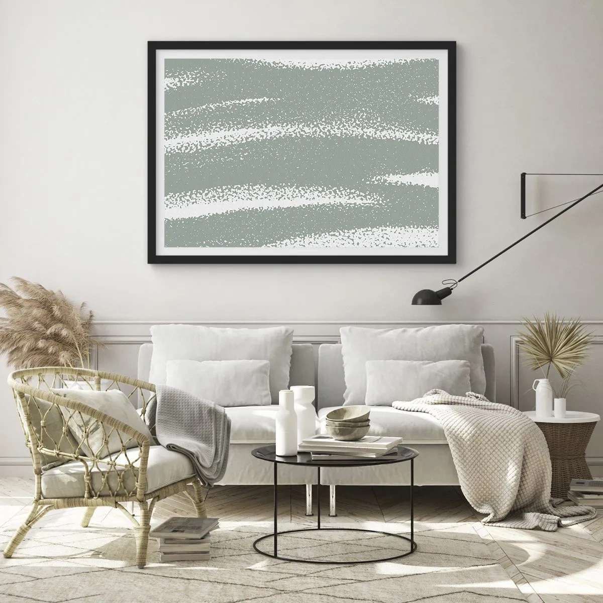 Póster en marco negro - Ondas invernales en tonos menta y blanco. - 100x70cm - Abstracción invernal - Decoración de pared moderna para salón y dormitorio ARTTOR