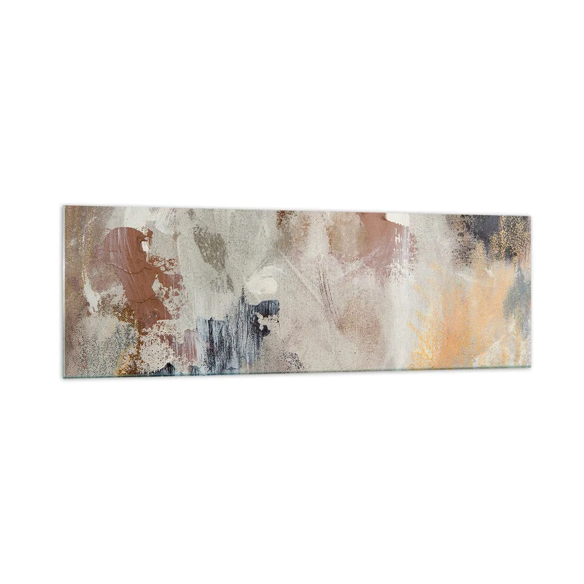 Cuadro sobre vidrio - Impresiones sobre Vidrio - Manchas abstractas en tonos apagados de beige y dorado. - 160x50cm - Abstracción brumosa - Decoración de pared moderna para salón y dormitorio ARTTOR