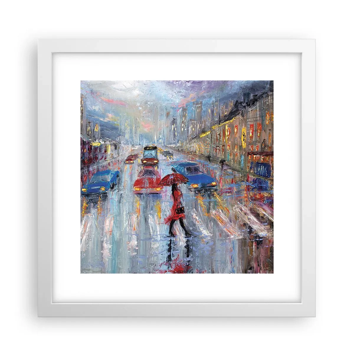 Póster en marco blanco - Una tarde de lluvia en la ciudad - 30x30 cm