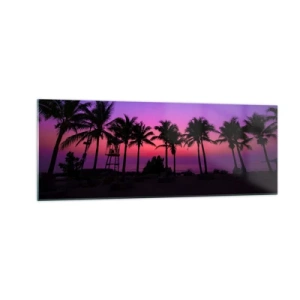 Cuadro sobre vidrio - Impresiones sobre Vidrio - Siluetas de palmeras contra un cielo de atardecer de color rosa y morado - 140x50cm - Atardecer bajo las palmeras - Decoración de pared moderna para salón y dormitorio ARTTOR