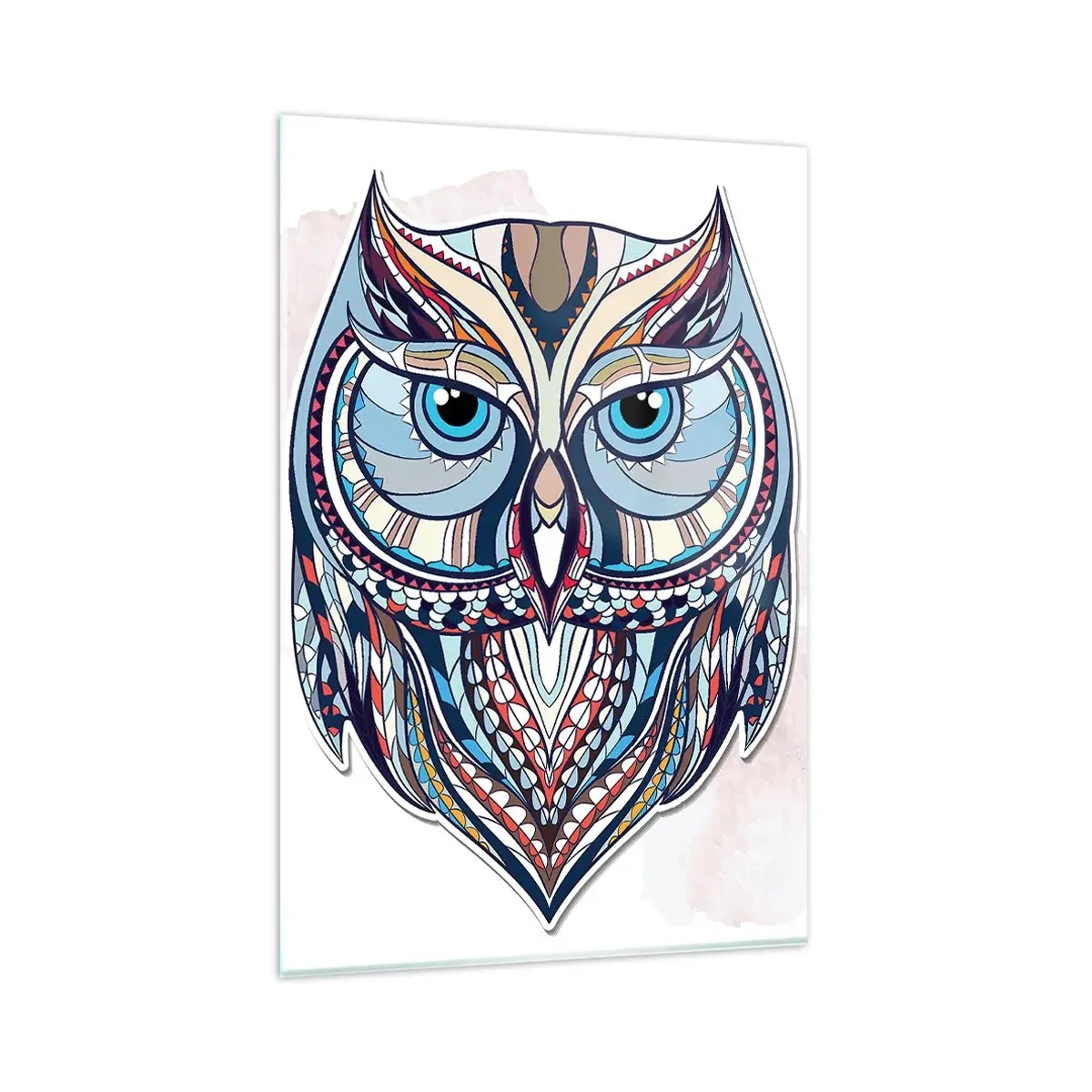 Cuadro sobre vidrio - Impresiones sobre Vidrio - Búho geométrico en tonos azules y beige. - 80x120cm - Búho adornado con arte - Decoración de pared moderna para salón y dormitorio ARTTOR