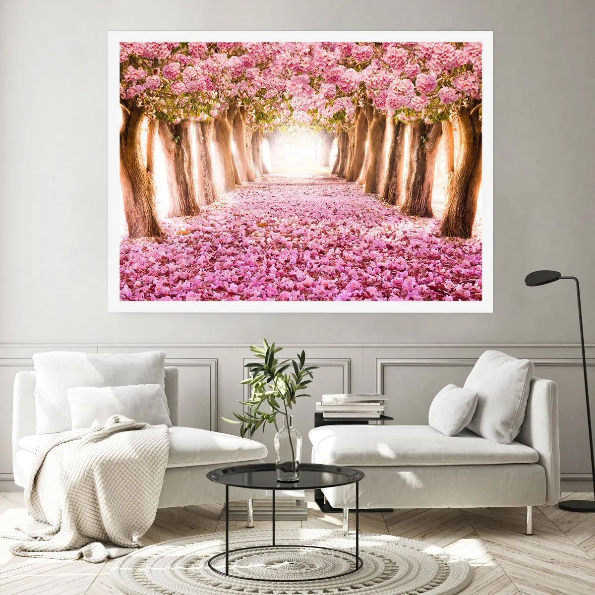 Póster - Una avenida de árboles en flor en tonos rosa. - 100x70cm - El camino al paraíso - Decoración de pared moderna para salón y dormitorio ARTTOR