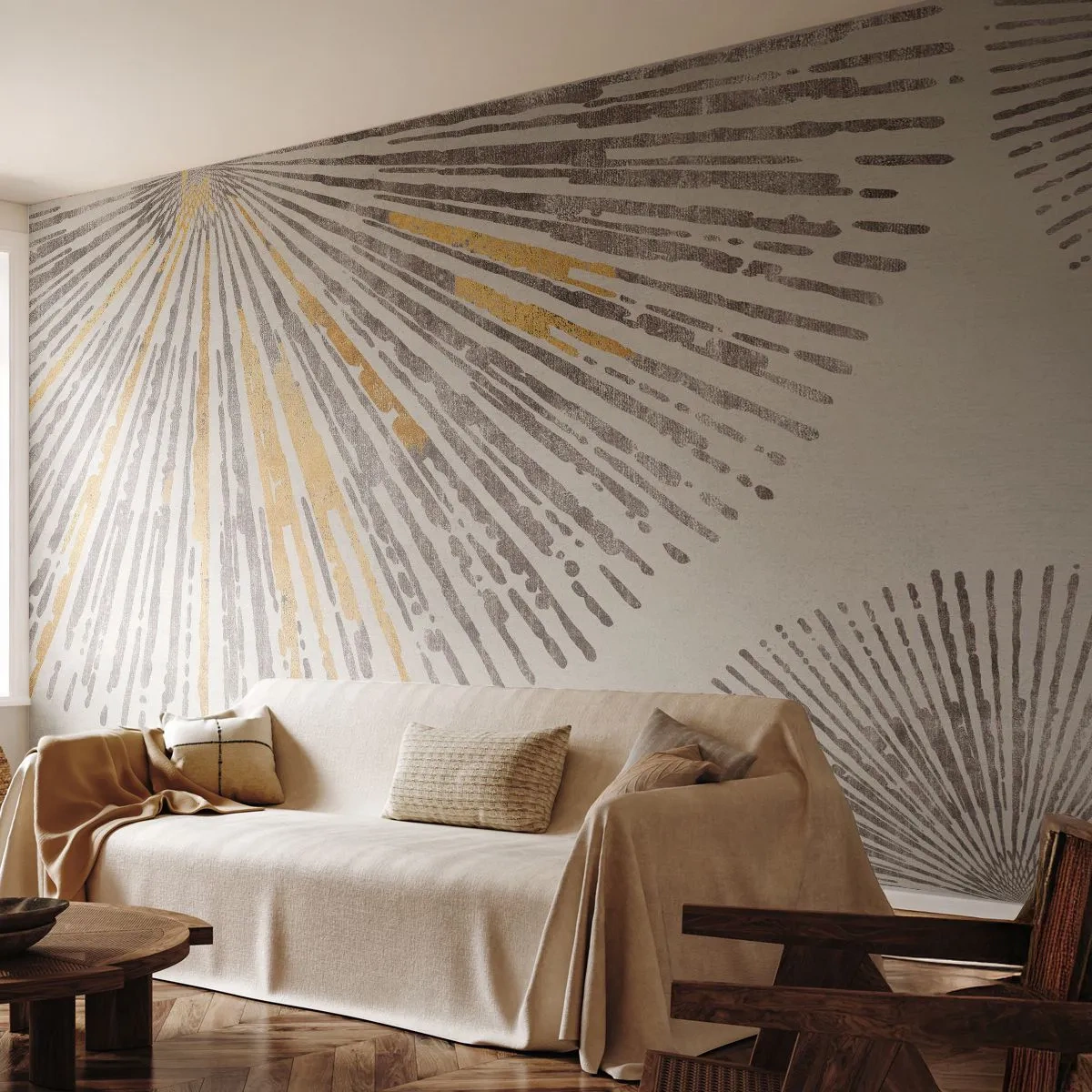Fotomural Premium Sand - Rayos en estilo gráfico en tonos dorados y grises. - 100x70cm - Belleza lineal - Decoración de pared moderna para salón y dormitorio ARTTOR