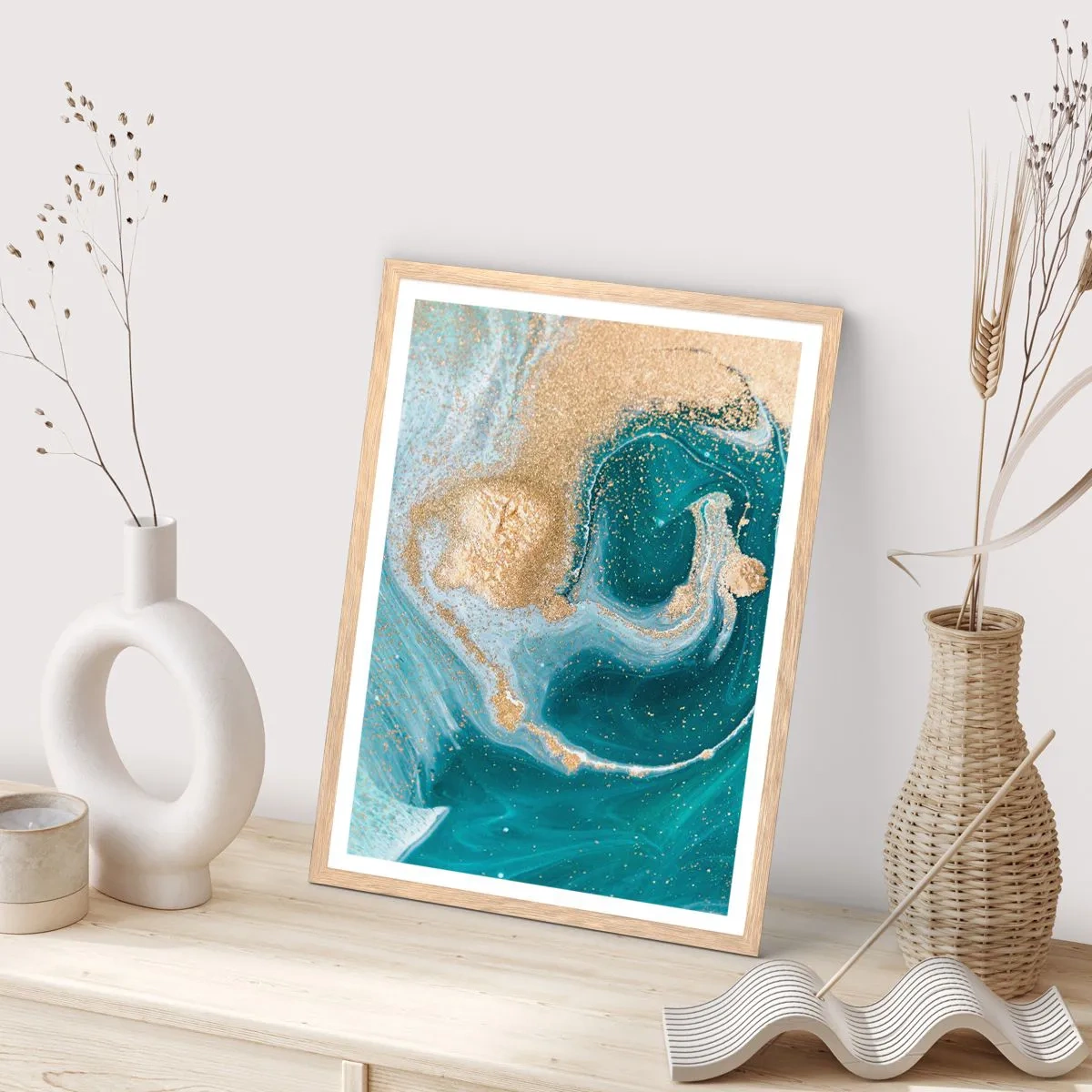 Póster en marco roble claro - Un remolino de oro y turquesa - 70x100 cm
