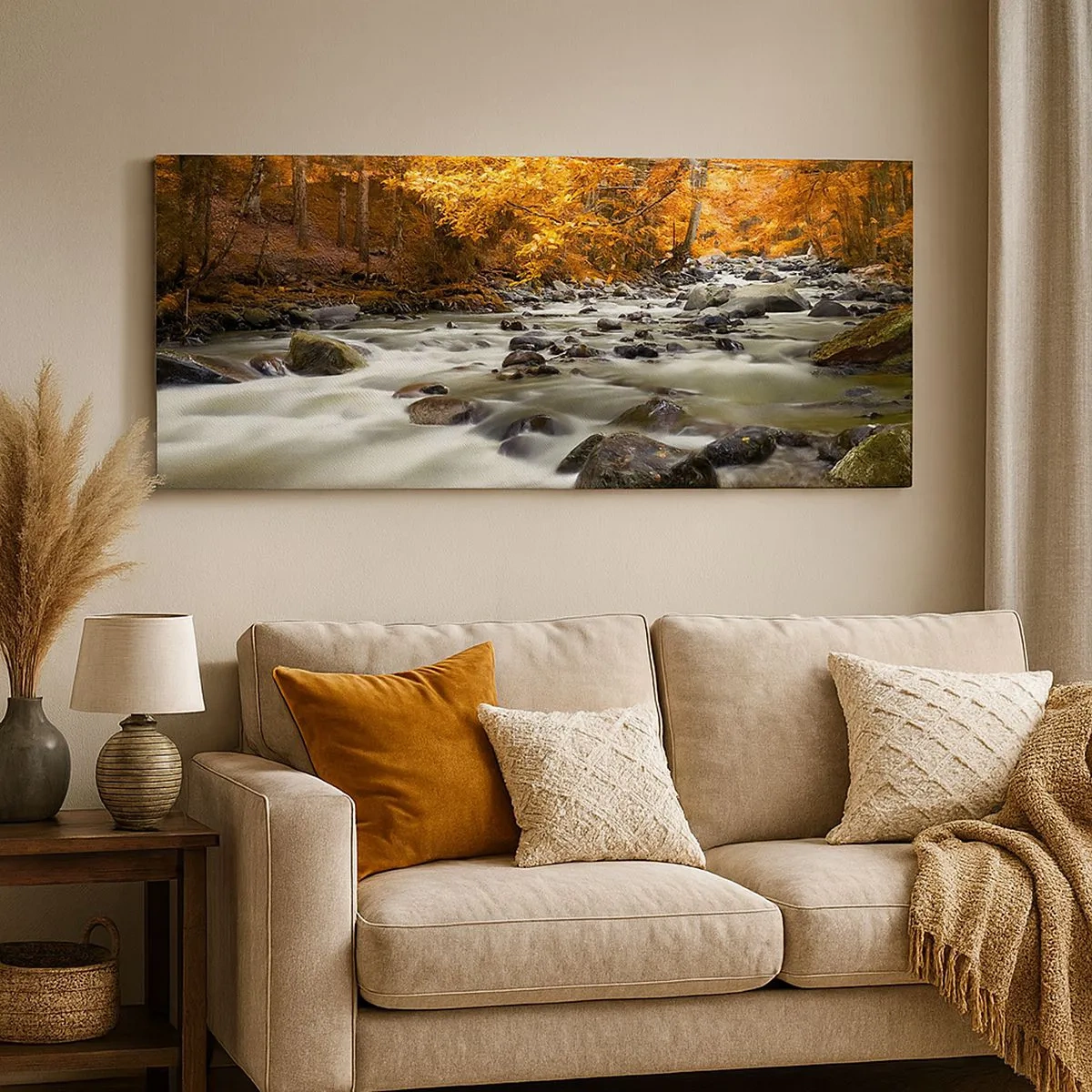 Cuadro sobre lienzo - Impresión de Imagen - Un arroyo en un bosque dorado - 100x40 cm