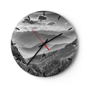 Reloj de pared - Reloj de vidrio - Paisaje de montaña en blanco y negro con capas de niebla y nubes. - 30x30cm - Hasta el horizonte - Decoración de pared moderna para salón, cocina y dormitorio ARTTOR