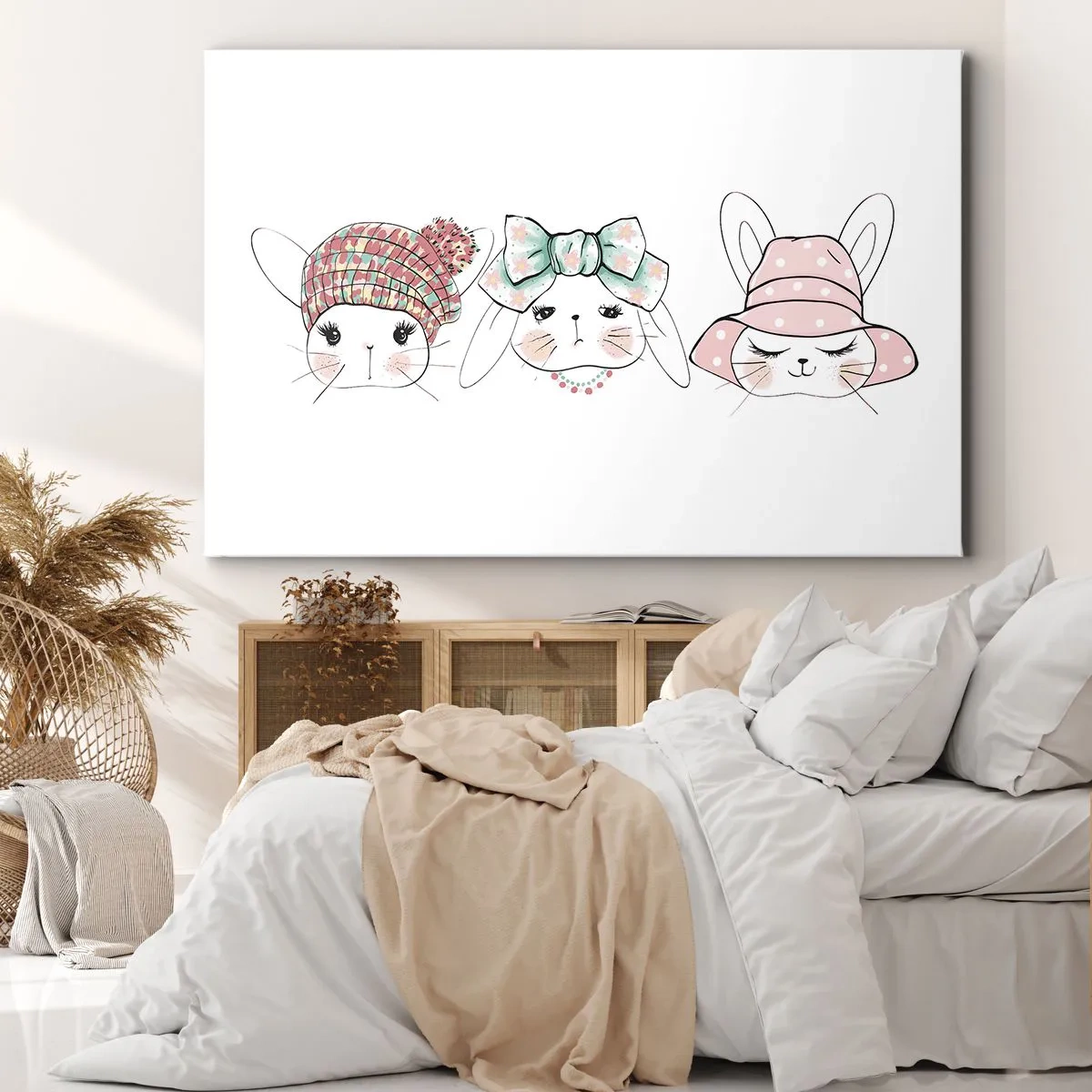 Cuadro sobre lienzo - Impresión de Imagen - Adorables conejitos con tocados en tonos pastel - 120x80cm - Reflexión, tristeza, alegría - Decoración de pared moderna para salón y dormitorio ARTTOR