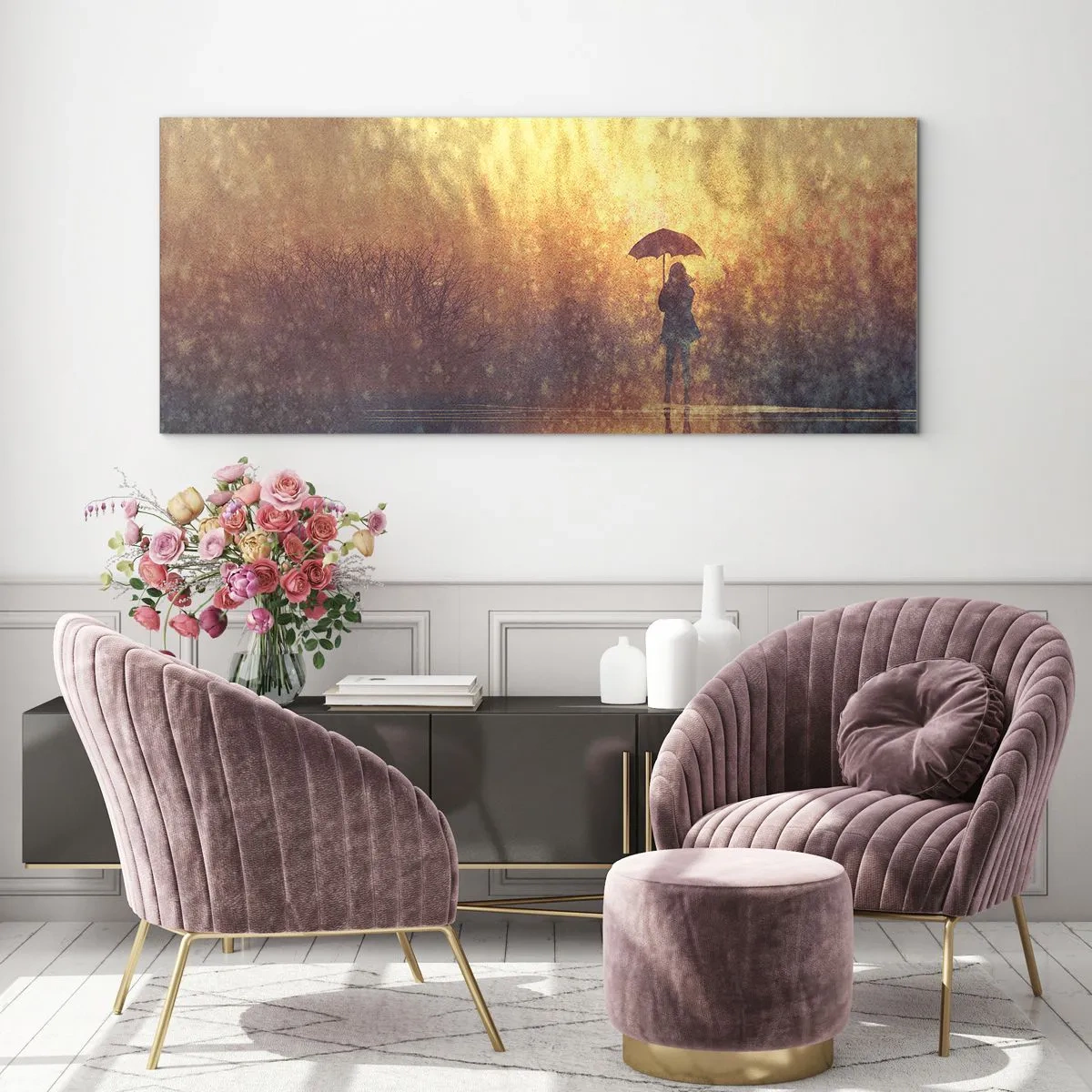 Cuadro sobre vidrio - Impresiones sobre Vidrio - Una figura con un paraguas en un paisaje brumoso lleno de reflejos. - 120x50cm - Siento que alguien me mira - Decoración de pared moderna para salón y dormitorio ARTTOR