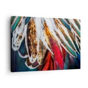 Cuadro sobre lienzo - Impresión de Imagen - Primer plano de plumas multicolores en colores vibrantes e intensos. - 70x50cm - Los misterios del vuelo - Decoración de pared moderna para salón y dormitorio ARTTOR