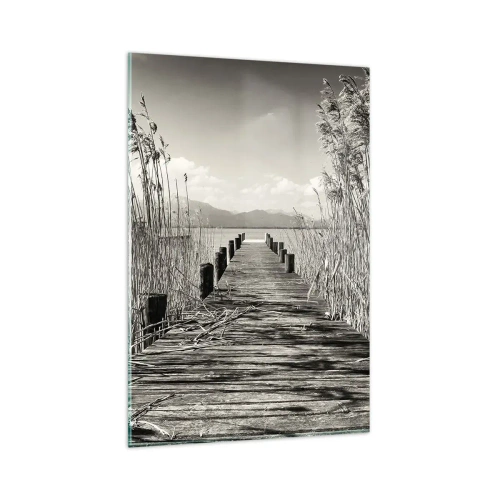 Cuadro sobre vidrio - Impresiones sobre Vidrio - Un embarcadero de madera entre hierbas altas sobre un lago de tonos sepia. - 80x120cm - En la quietud de los juncos - Decoración de pared moderna para salón y dormitorio ARTTOR