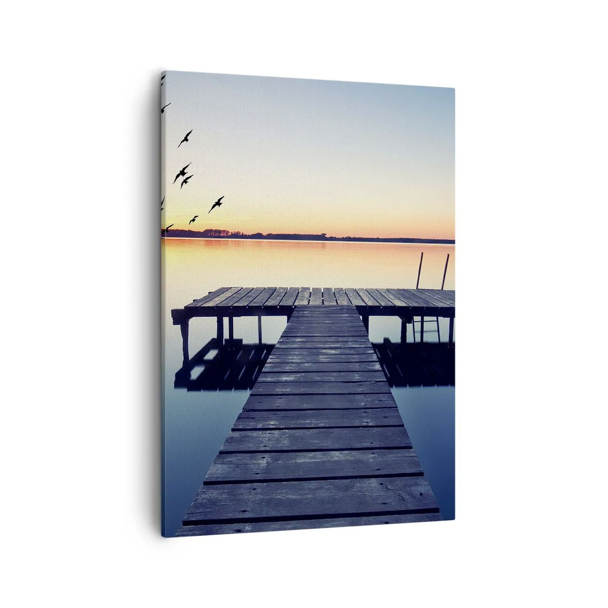 Cuadro sobre lienzo - Impresión de Imagen - Muelle de madera en un lago al amanecer con pájaros - 50x70cm - Fue un buen día - Decoración de pared moderna para salón y dormitorio ARTTOR