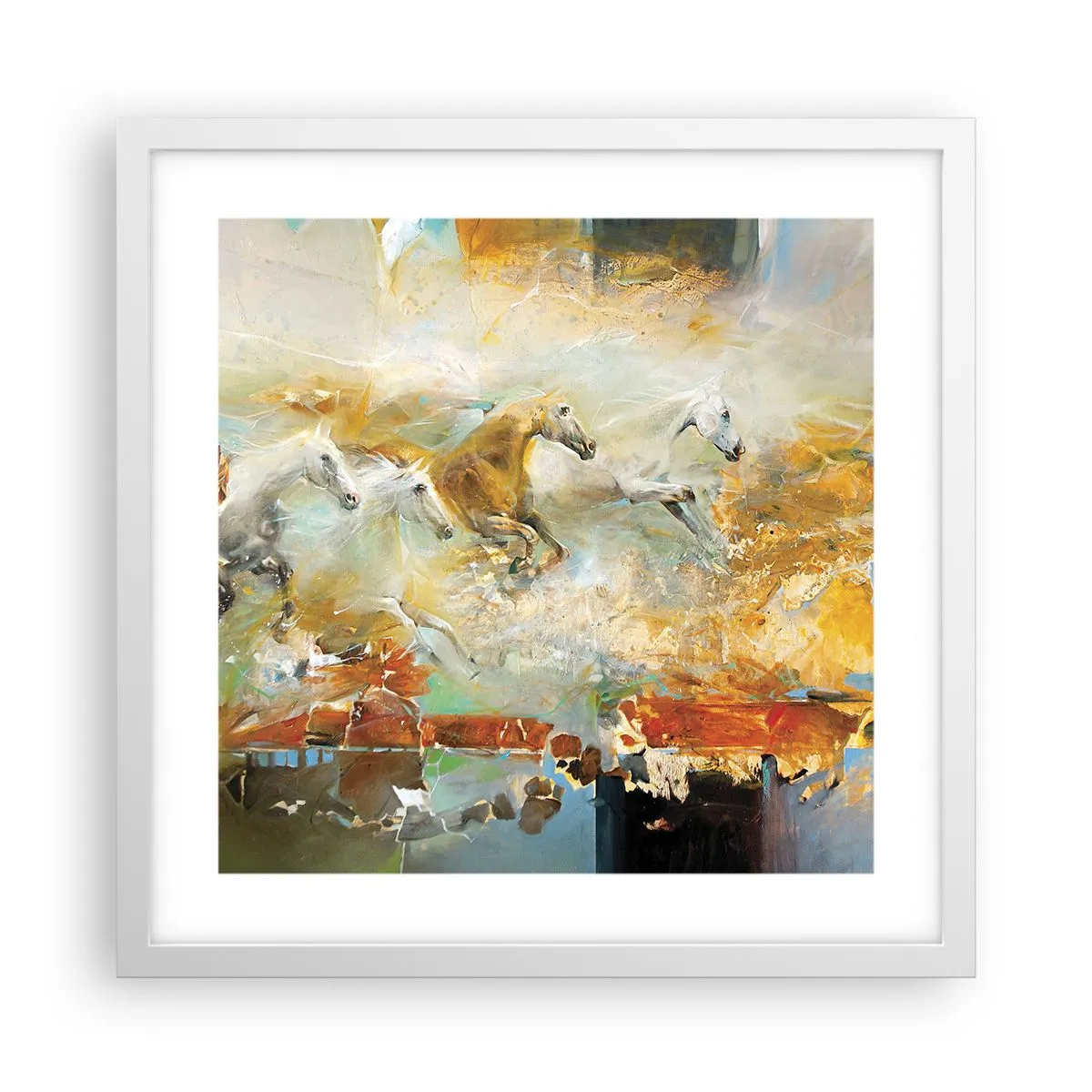 Póster en marco blanco - Galopando a través de la luz - 40x40 cm