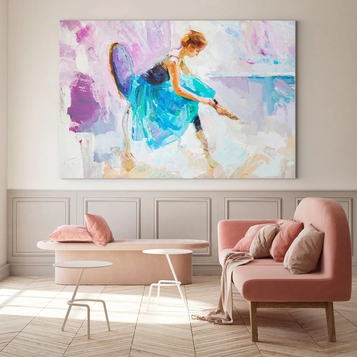 Cuadro sobre vidrio - Impresiones sobre Vidrio - Una bailarina con un vestido azul sobre un fondo impresionista. - 120x80cm - Gracia indescriptible, encanto sutil - Decoración de pared moderna para salón y dormitorio ARTTOR