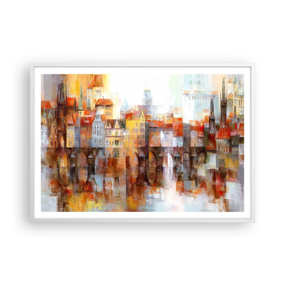 Póster en marco blanco - Puente y ciudad - 100x70 cm