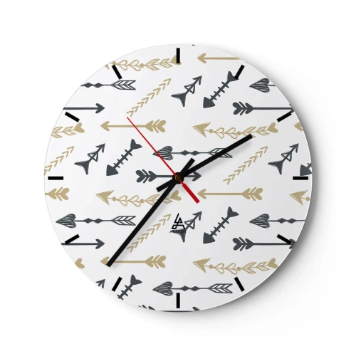 Reloj de pared - Reloj de vidrio - Patrón decorativo con varias flechas sobre un fondo blanco. - 30x30cm - El sueño de un arquero - Decoración de pared moderna para salón, cocina y dormitorio ARTTOR